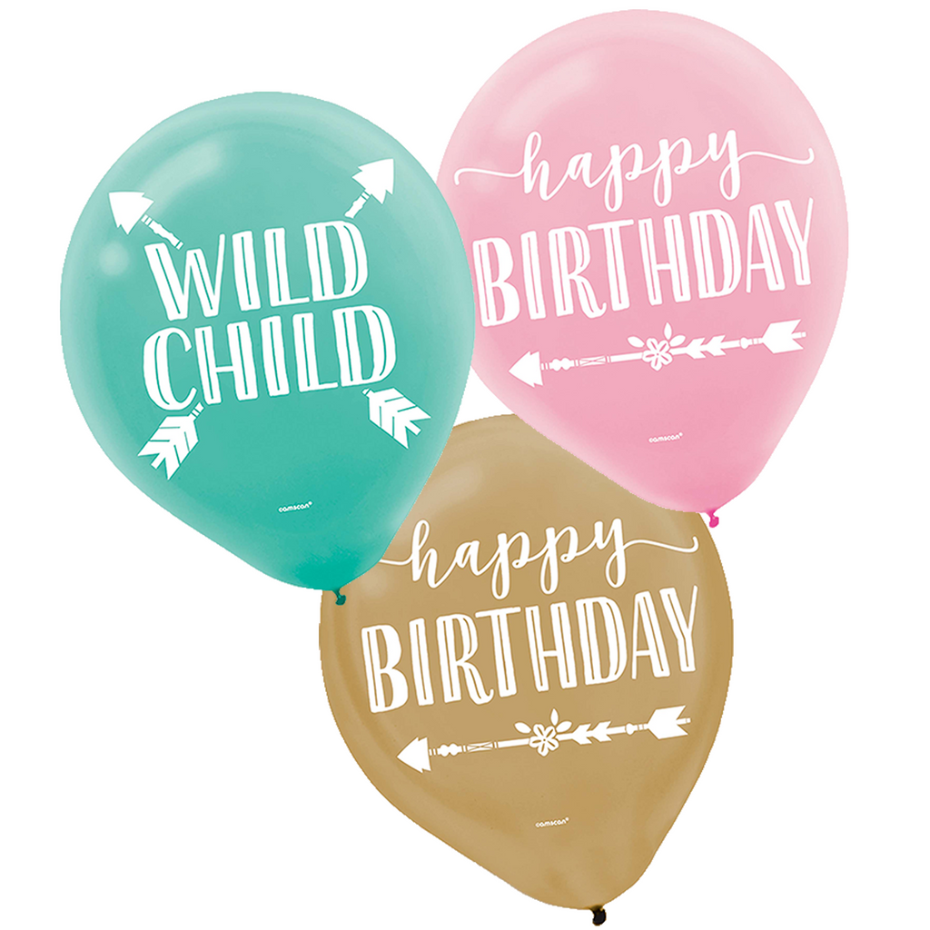 Boho Birthday Girl Assorted Round Printed Latex Balloon - Pack of 15 - 12in / 31cm